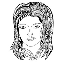 Girl face Hand drawn sketched vector illustation. Doodle woman face graphic with ornate pattern. Design Isolated on white.
