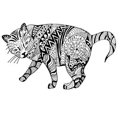 Cat Hand drawn sketched vector illustation. Doodle graphic with ornate pattern. Design Isolated on white.