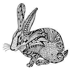 Rabbit Hand drawn sketched vector illustation. Doodle bunny graphic with ornate pattern. Design Isolated on white.