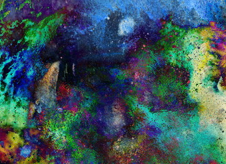 Watercolor abstract painting and computer collage. Color background with spots.
