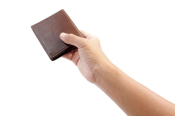 Hand holding gift brown wallet isolated clipping path.
