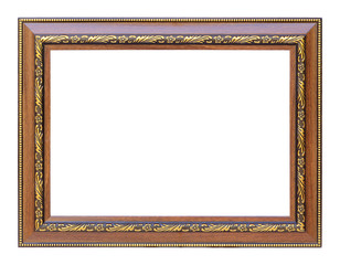 The antique wooden and gold frame on the white background