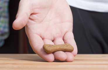 A man is holding a dog biscuit in his hand and training the dog.
