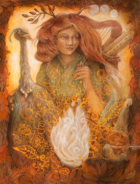 medieval pilgrim and minnesanger girl with her company, fairytale story illustration
