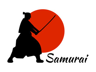 Japanese Samurai Warriors Silhouette with katana sword on Red Moon. Vector illustration.