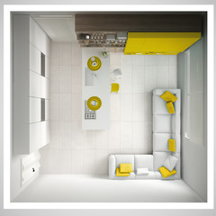 Minimalistic white kitchen, with wooden and yellow details, mini