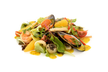 salad with mussels, shrimp, squid, and oranges isolate