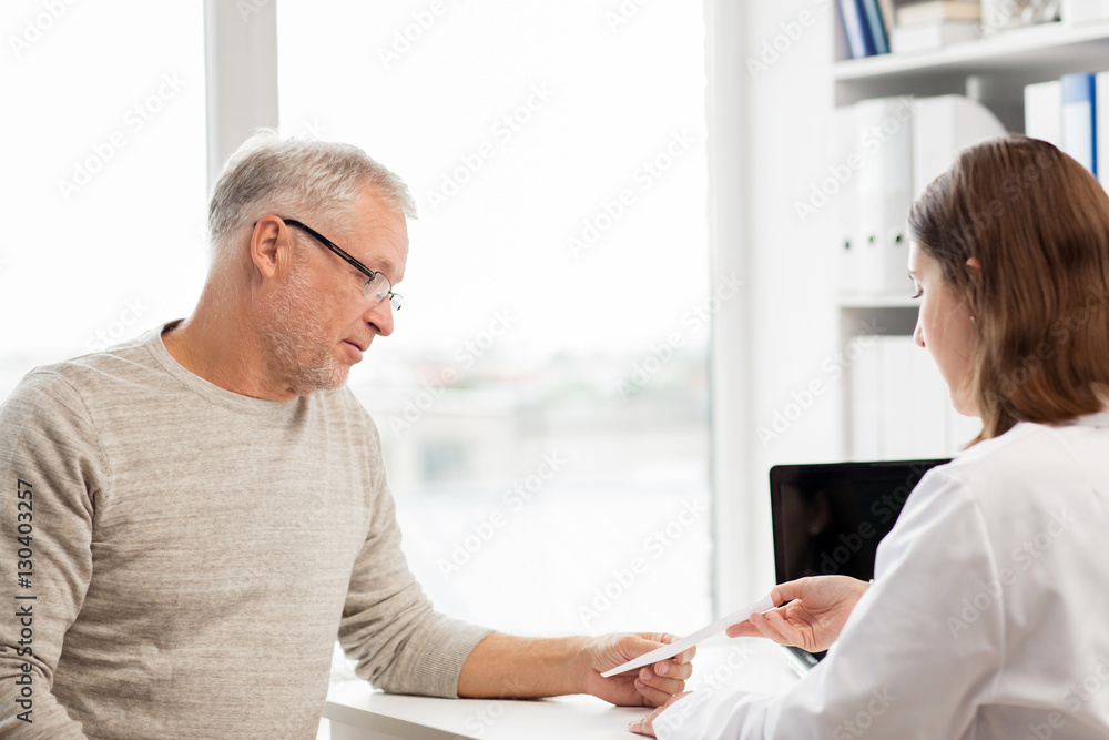 Poster senior man and doctor meeting at hospital