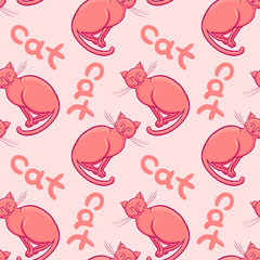Cute flat cats vector seamless pattern with animals and inscription.