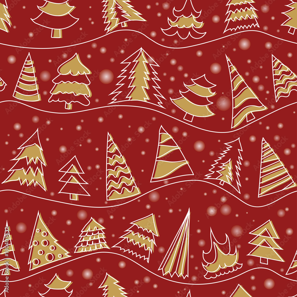 Poster seamless vector new year pattern of different christmas trees on the hills. linear white trees with 