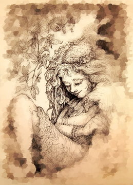 drawing of sleeping fairy forest girl under a tree with blurred effect