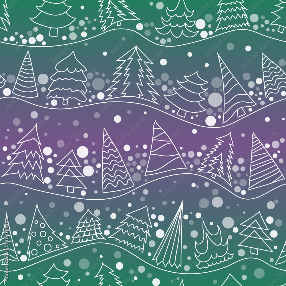 Poster seamless new year vector linear pattern of different christmas trees on the hills. white trees with 