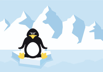 Obraz premium Cartoon penguin on a ice floe. Cartoon Character penguin. Vector illustration of an angry penguin