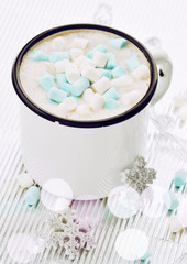 Hot chocolate, Christmas winter art decoration with bokeh lights, beautiful festive toned image, selective focus
