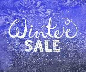 Winter sale text lettering on watercolor background. Seasonal shopping concept to design banners, price or label.