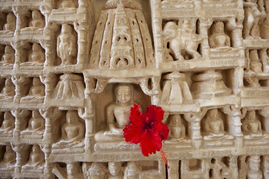 White marble religious icon carvings at The Ranakpur Jain Temple at Desuri Tehsil in Pali District of Rajasthan