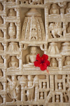 White marble religious icon carvings at The Ranakpur Jain Temple at Desuri Tehsil in Pali District of Rajasthan