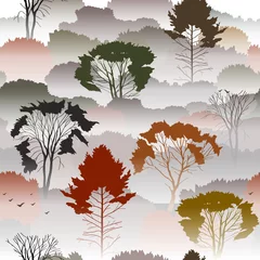 Fotobehang Bos Naadloze vector patroon. Bovenaanzicht van een herfstbos met loofbomen in de mist. Over het milieu, de natuur, reizen. Mysterieus landschap.