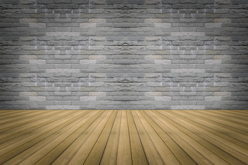 Wooden floor with colorful vintage stone wall background.