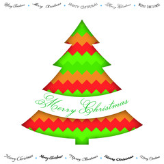 Merry Christmas paper green red greeting card, with cut in christmas tree form, color zigzag wave background, handwritten inscription. Vector