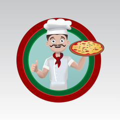 Cartoon chef holding a pizza and thumb up