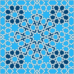 Islamic geometric pattern. Turkish ornament, traditional oriental arabic art. Muslim mosaic. Colorful vector illustration. Blue and white arabian tile. Mosque decoration element. Persian motif