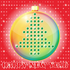 Happy New Year, Christmas tree on a ball, New Year decoration on red background. Vector