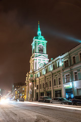Illuminated Cathedral of Vilnius Bell at night.