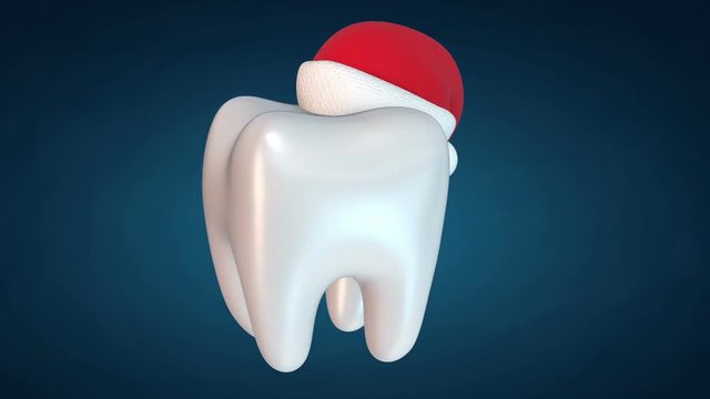Tooth Wearing Santa Claus Hat. 3d render HD footage. Healthcare Dental and Christmas concept
