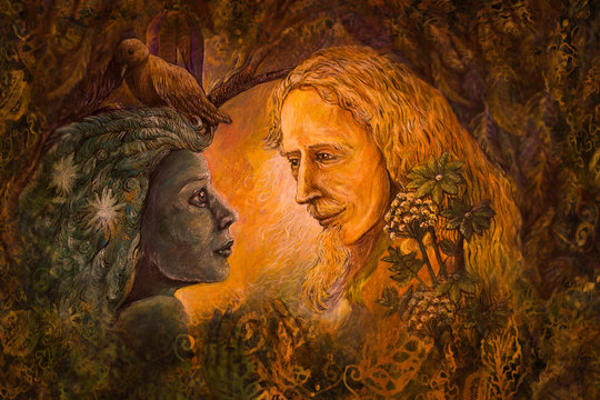 woodland dryade fairy and golden man of learning, fairytale illustration