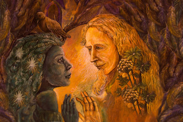 woodland dryade fairy and golden man of learning, fairytale illustration