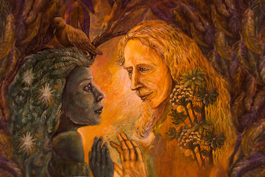 woodland dryade fairy and golden man of learning, fairytale illustration