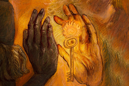 two hands from two different worlds comming together in love promise, painting