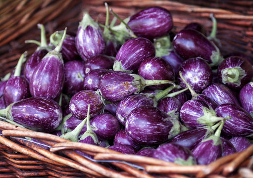 Fresh Aubergine in the box in street market.Aubergine, central focus. A stack of purple aubergines on sale at a market. Eggplant display at Vegetable Stall of Local Market at Little India, Singapore
