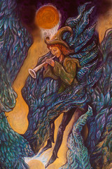 magical piper playing his tune in wing of giant bird, illustration detail