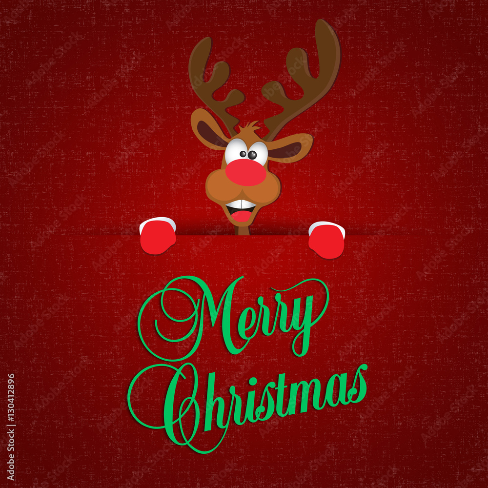 Poster happy new year and merry christmas. funny and cheerful deer peeking out of red fabric. greeting card