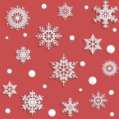 Naklejka na ściany i meble Seamless vector Christmas pattern with paper snowflakes on a red background.