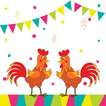 Two cute roosters at a party