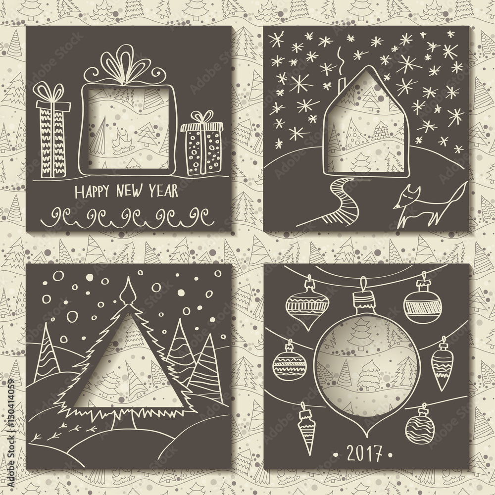 Poster vector set of four templates for paper christmas cards. black squares with holes in form of figures 