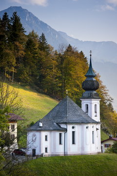 Wallfahrtskirche Maria Gern, traditional onion dome Roman Catholic church by Watzmann mountain at Berchtesgaden in Bavaria, Germany