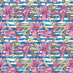 Seamless pattern with orchid flowers on the striped grunge blue
