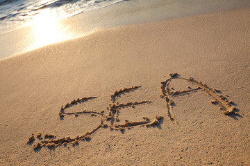 mot sea écrit en anglais sur le sable sur la plage