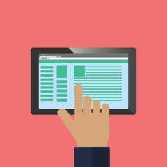 Tablet PC and human hand. Flat style vector illustration