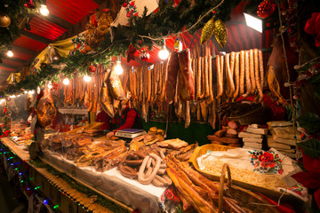 Sausages, salamis and other meat products on Christmas market from Christmas fair