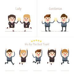 group of a happy business people jumping in joy over together with raised arms. teamwork of businessman and businesswoman celebrating victory