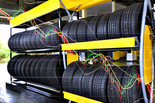 Finance concept . Down Trend technical bar chart of rubber Stocks and Tire rubber products , Group of new tires for sale at a tire store.
