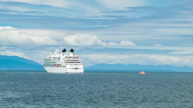 Puerto Montt Chile Modern Luxury Cruise Ship Anchored in Harbor during South American Voyage