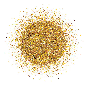 Round pile of gold tinsel on white background.