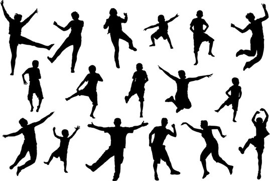 Dancing, jumping childrens and adult people, beach party silhouette set