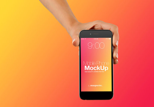 Hand with Cellphone on Gradient Background Mockup 49